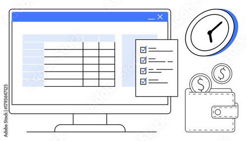 Computer screen with spreadsheet, checklist, clock, wallet, and coins. Ideal for productivity, finance, time management planning goal setting budgeting task prioritization. Simple flat metaphor