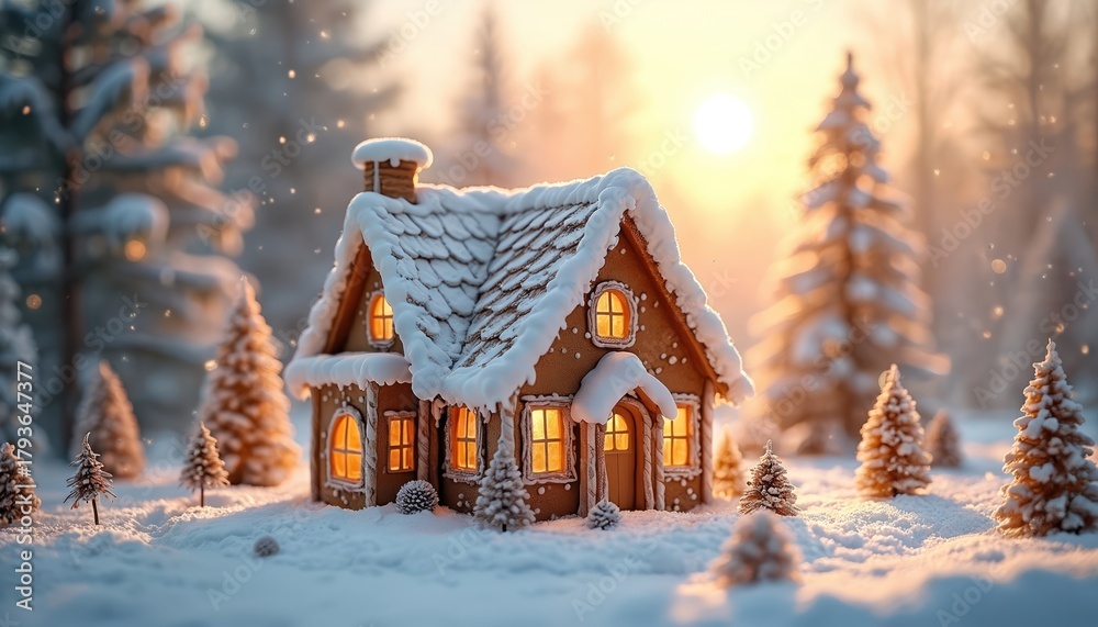 Naklejka premium Cozy gingerbread house covered with snow in winter forest. Festive warm glowing light from windows. Christmas background with gingerbread cabin in snowy landscape. Winter holidays season celebration