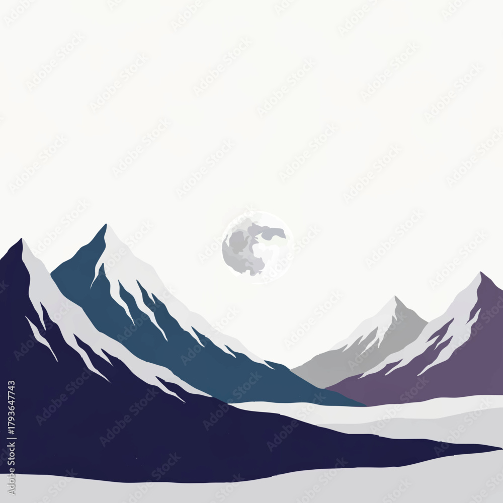 Fototapeta premium Mountain Range Silhouette with Full Moon Illustration