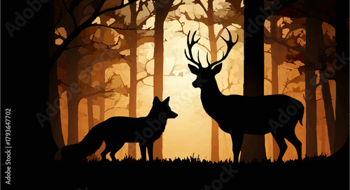 Fox and Deer Meet in Autumn Forest Silhouette

