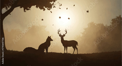 Fox and Deer Meet in Autumn Forest Silhouette

