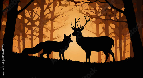 Fox and Deer Meet in Autumn Forest Silhouette

