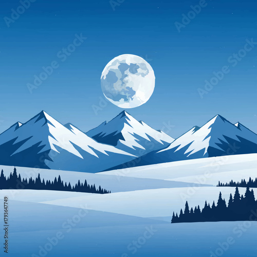 Mountain Range Silhouette with Full Moon Illustration

