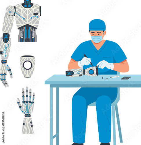 Advanced robotic prosthetics assembly process involving a technician in clinical setting