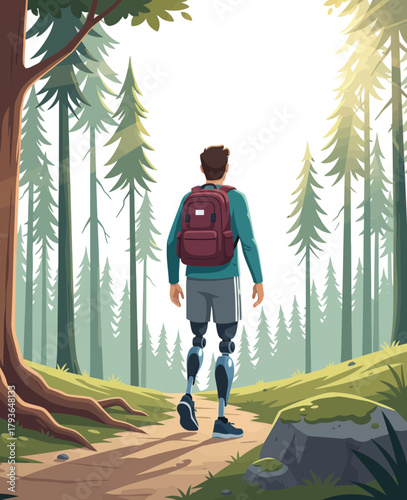 Adventurous trekker exploring dense lush forest trail surrounded by towering trees and natural