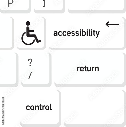 Close-up of a computer keyboard key labeled accessibility with a wheelchair icon and return key