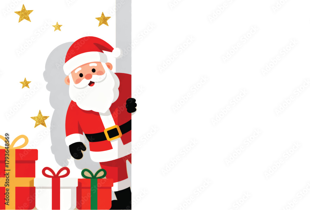 Fototapeta premium Adorable Santa Peeking from Behind a Blank Sign for Customizable Merry Christmas and Happy New Year Message