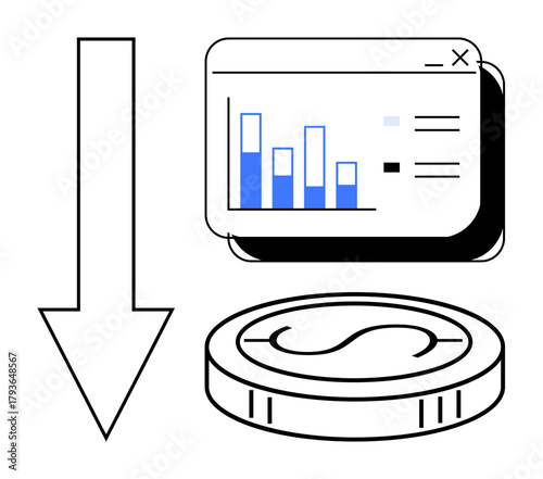 Downward arrow near bar chart and coin evokes concepts of financial decline, market drop, or economic downturn. Ideal for finance, economics, investment, savings, analysis, reporting simple flat