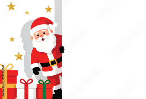 Adorable Santa Peeking from Behind a Blank Sign for Customizable Merry Christmas and Happy New Year Message