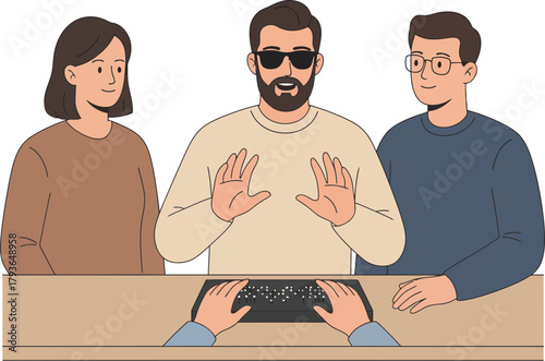 group of three people engaging in a discussion around a table with one person gesturing with his