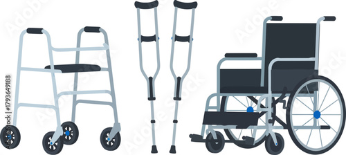 Medical mobility devices including a wheelchair and walking aids set against a black background