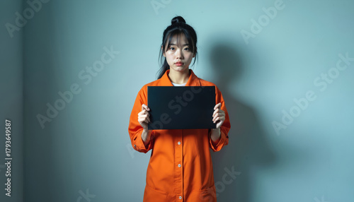 Young asian woman in orange jumpsuit stands against wall holding black sign. Mugshot photo style, juvenile offender, possible crime suspect facing justice system.