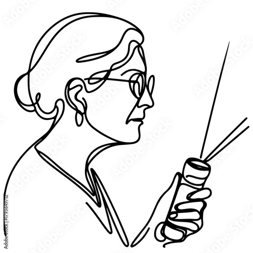 Elderly woman holding a glowing lantern — minimalist one line illustration