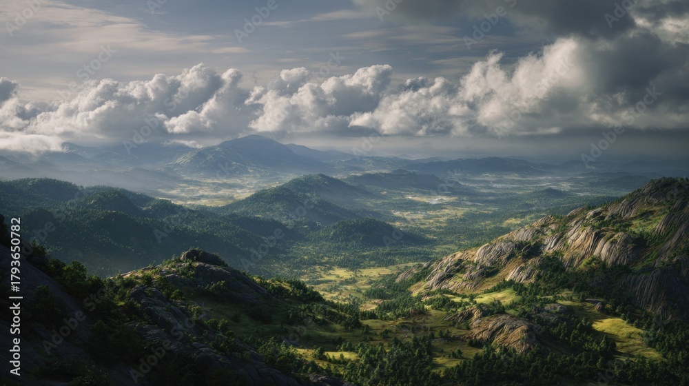 Naklejka premium Panoramic vista of rolling hills and valleys beneath a dramatic sky formation