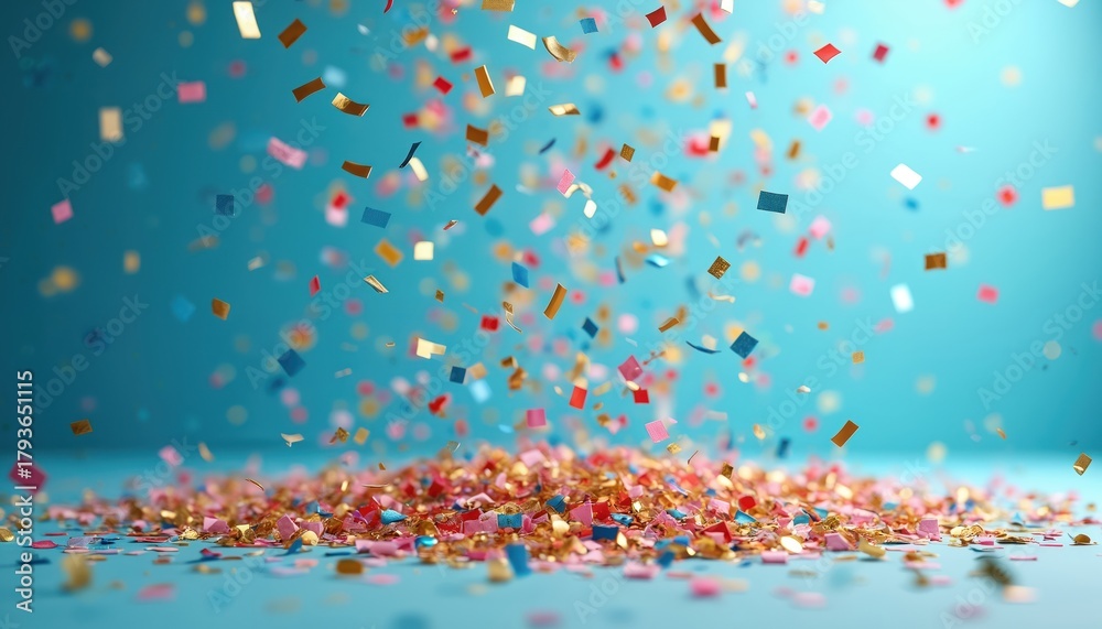 Fototapeta premium Illustration of colorful confetti falling against a blue backdrop. Festive background with scattered paper pieces. Celebration concept photo. Perfect for greetings events. Bright color party scene.