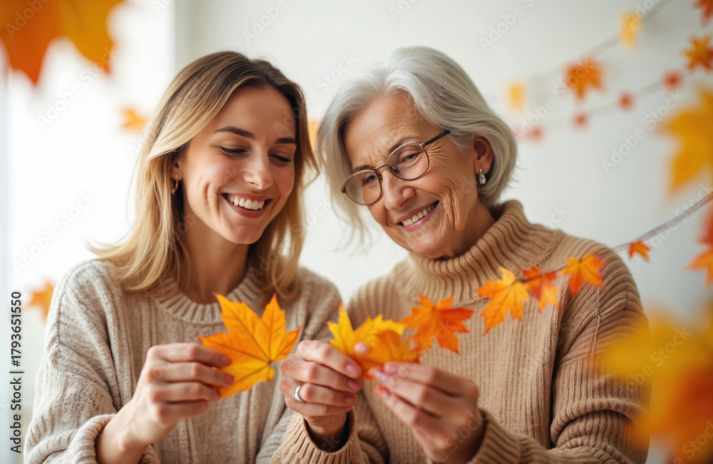 Naklejka premium Senior woman with daughter enjoy autumn time. They arrange autumn leaf garland, smiling. Family prepare fall decor together at home. Mothers day. Generations making autumn composition.