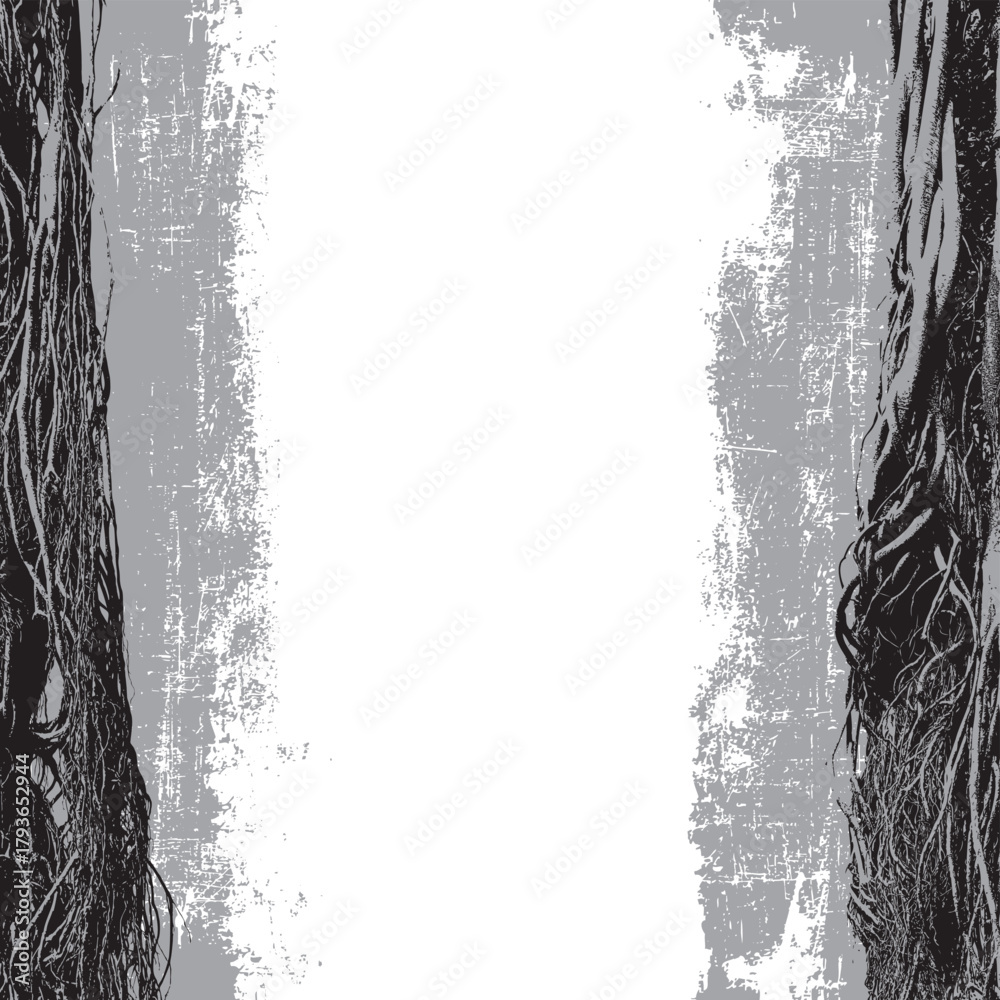 Naklejka premium Vector banner with a realistic tree, banyan or ficus, with roots and branches and space for text in a gothic style. Scary, magical, fairytale like, and mystical. For Halloween party design. No ai