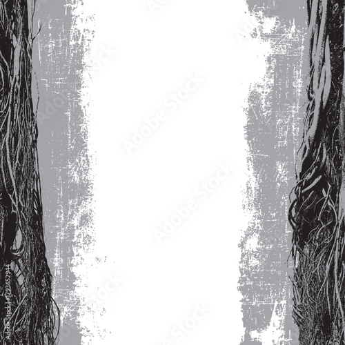 Vector banner with a realistic tree, banyan or ficus, with roots and branches and space for text in a gothic style. Scary, magical, fairytale like, and mystical. For Halloween party design. No ai