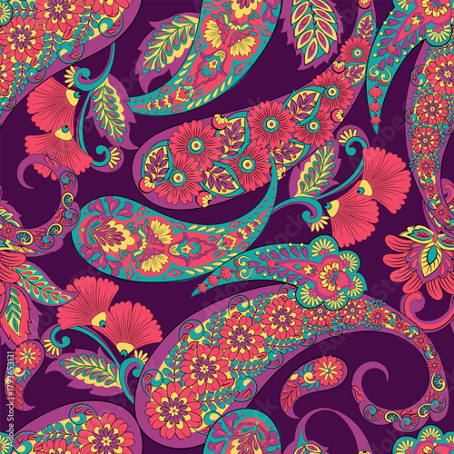 Floral seamless pattern with paisley ornament. Vector illustration in asian textile style