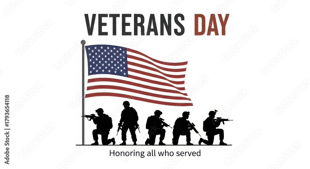 Obraz premium Veterans Day Banner Honoring All Who Served with US Flag and Soldiers Silhouettes
