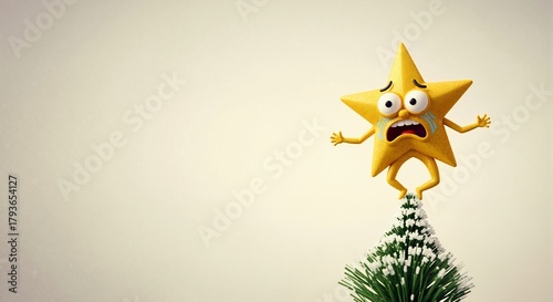 Crying star character afraid of heights on top of christmas tree. Funny holiday decoration expressing fear and anxiety. Holiday stress and mental health concept with copy space