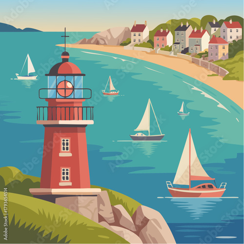 lighthouse overlooking bay filled with sailboats and blue ocean water along with shore