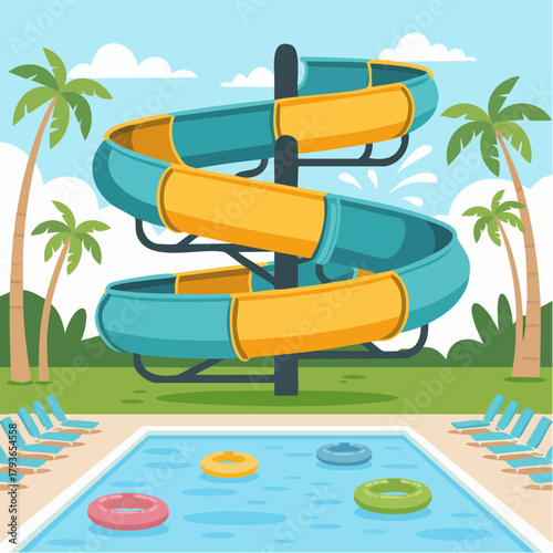 Water slide in a water park for summer recreation - 2D vector illustration