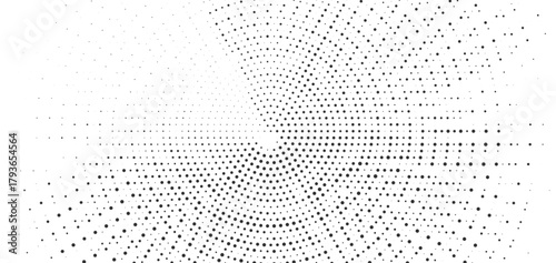 Black halftone circular spiral pattern background, abstract geometric dots design, optical illusion texture, modern digital vector symmetry with dynamic radial perspective