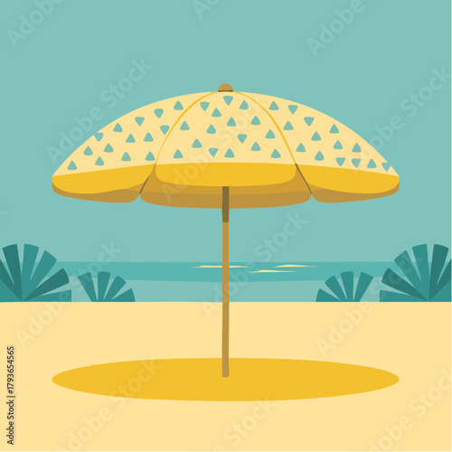 Summer vacation concept - 2D vector illustrated scene with yellow umbrella for seasonal recreation