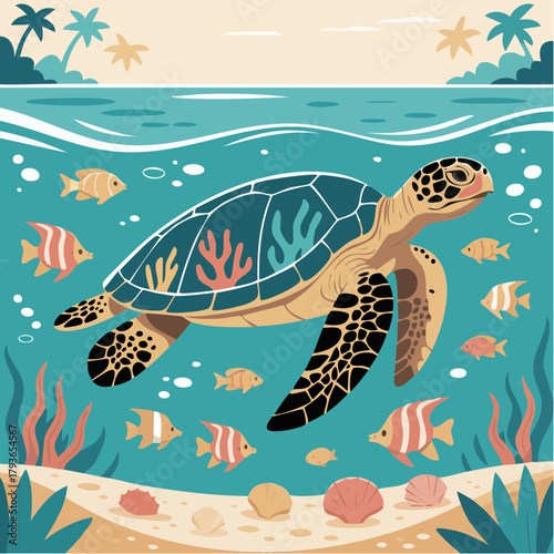 Sea turtle is swimming in the ocean ecosystem