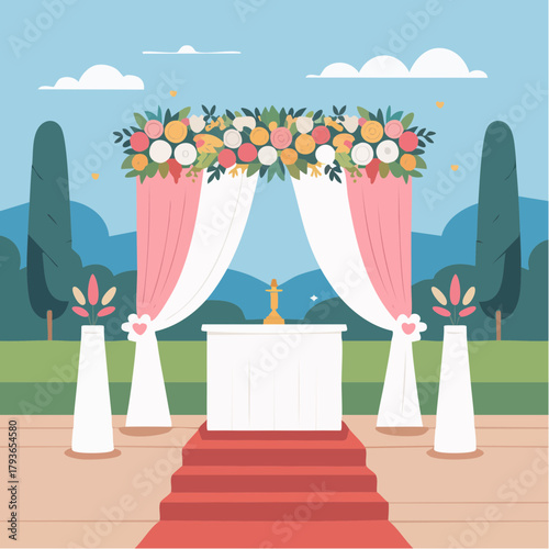 Wedding altar - flowers and silk outdoor setting - 2D vector illustration scene