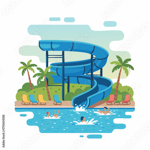 Water slide in a water park for summer recreation - 2D vector illustration