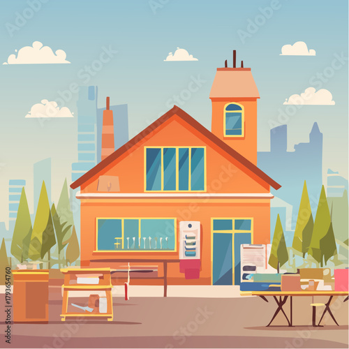 2D vector of cartoon workshop building with simple architecture