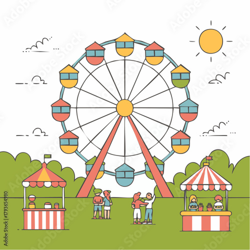 Amusement park concept with a ferris wheel and tents on a sunny afternoon