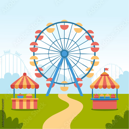 Amusement park concept with a ferris wheel and tents on a sunny afternoon