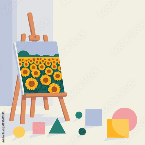 Modern art studio interior with easel and canvas, along with painting supplies for creative endeavors. 2D vector illustration room interior