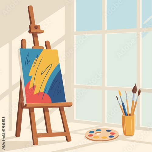 Modern art studio interior with easel and canvas, along with painting supplies for creative endeavors. 2D vector illustration room interior