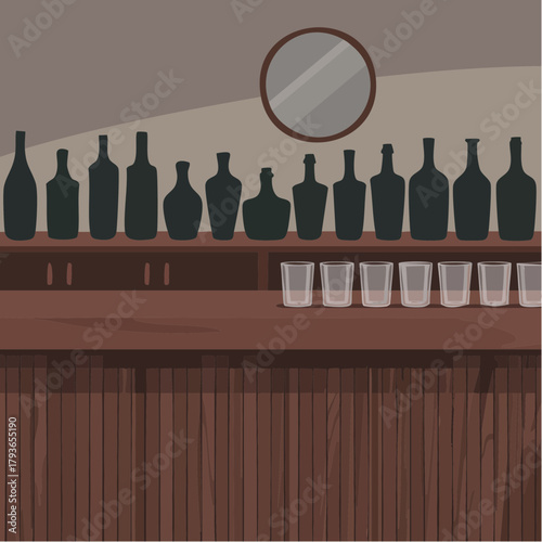 A bar with no bartender - pub with wooden counter and bottle service