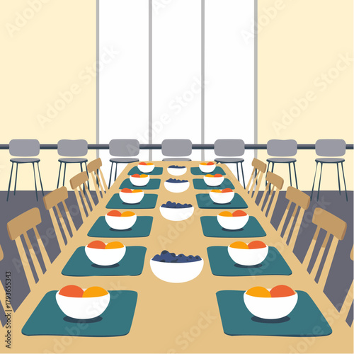 Cafeteria interior with rows of seats and bowls of food