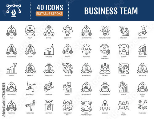 Business team  icon set. Includes collaboration, strategy, leadership, communication, innovation, empowerment, synergy and more. Vector illustration with editable strokes