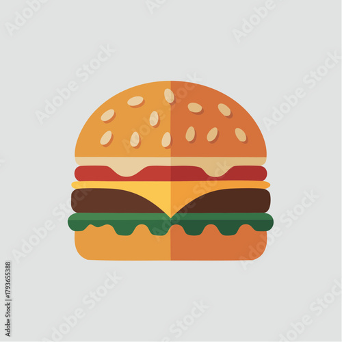 Hamburger logo - 2D vector sandwich with ground beef, cheese, tomato, lettuce, and condiments on sesame seed bun