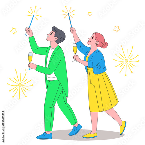 Happy couple celebrating with sparklers and champagne at night  