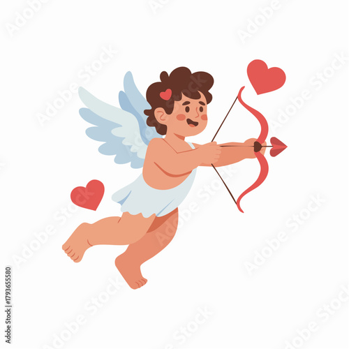 Cupid with bow and arrow to cause love and romance - 2D character isolated on white for valentines day vector