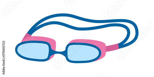 Blue swimming goggles with pink strap, protective gear for water sports and training. Modern vector illustration isolated on white background, hand drawn, flat