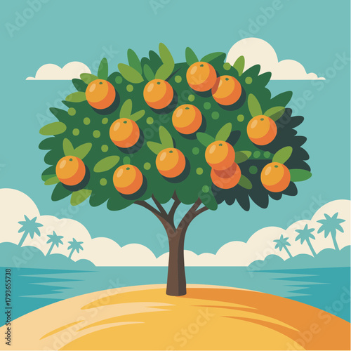 Florida concept with orange tree on beach and palm trees in background
