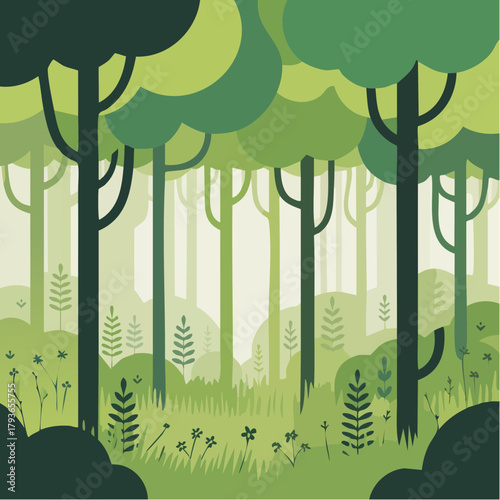 Wooded forest ecosystem filled with trees - 2D vector illustration outdoor environment scene