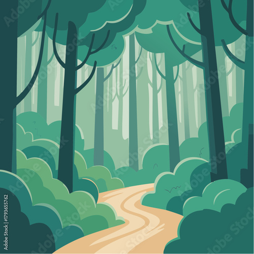 Wooded forest ecosystem filled with trees - 2D vector illustration outdoor environment scene