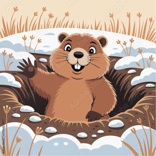 Groundhog Day concept with a small friendly groundhog leaving its hole in the snow to determine the winter and spring seasonal weather change
