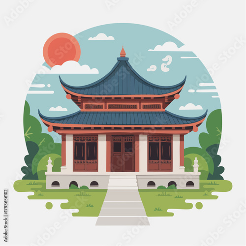 House with Asian style architecture - home exterior with front yard 2D vector illustration for real estate