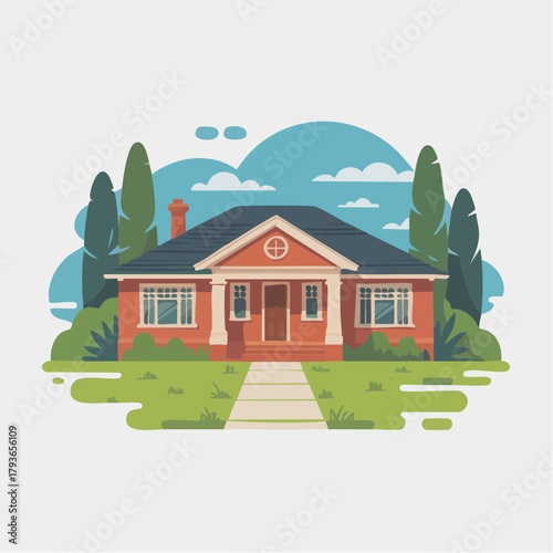 House with Bungalow style architecture - home exterior with front yard 2D vector illustration for real estate